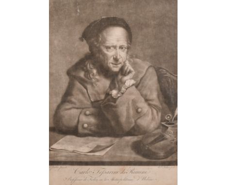 Pether after Palthe, 18th Century mezzotint of 'The violinist Carlo Tessarini', 13.75" x 9.75" and two further portrait print