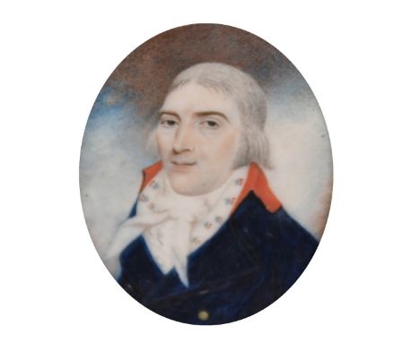 18th/19th Century, A miniature portrait of a gentleman, watercolour, in a ribbon tied gilt metal frame, 2" x 1.5".