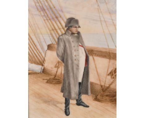 A portrait of Napoleon standing on board ship in a gilt frame, 3.5" x 2.75".