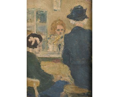 Ronald Ossory Dunlop (1894 - 1973) British, 'Youth and age in the public house', oil on board, signed, 10" x 7".
