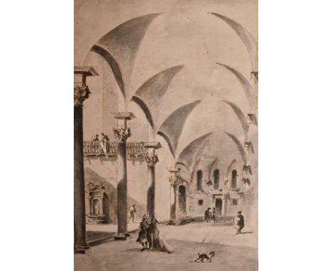 Print of an Old Master drawing, 'Figures in Venetian Cloisters' 19" x 12.75" with blind stamp. (unframed).