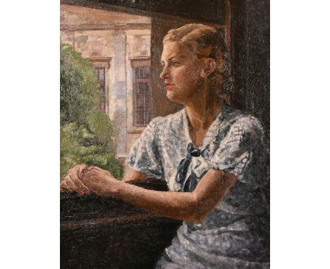 Early 20th Century School, A half-length portrait of a lady with a classical building beyond, oil on panel, signed Blacket? V
