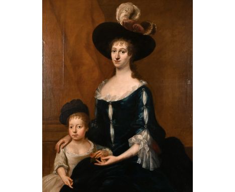 Dominicus van der Smissen (1704-1760) German, A portrait of a seated lady and a child holding a rose, oil on canvas, signed, 