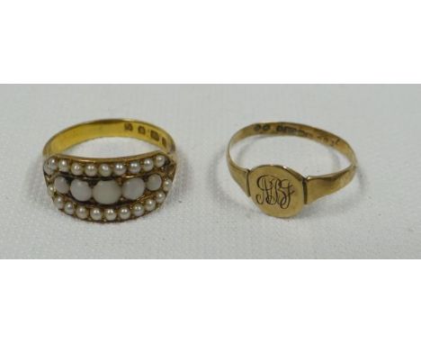 A NINETEENTH CENTURY GOLD & PEARL RING marked 18ct and another 9ct ring