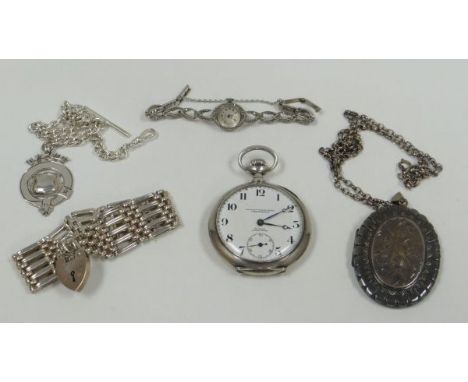 A PARCEL OF SILVER JEWELLERY including pocket watch, cocktail watch, gate bracelet, trophy pendant and fob-chain etc