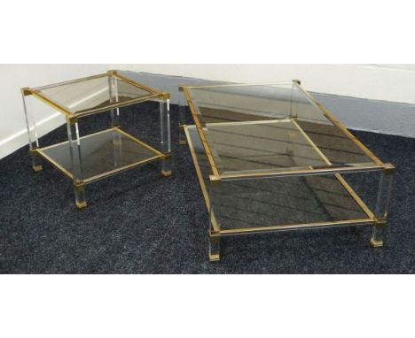 A PIERRE VAN DEL FOR HARRODS GLASS TOP COFFEE TABLE with lower glass shelf and metallic and glass base, 120cms long; together