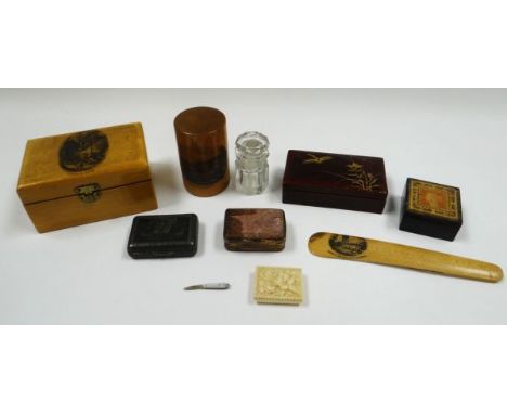 A PARCEL OF MAUCHLINE & INTERESTING BOXES ETC including a carved ivory stamp box with sliding lid containing a tiny mother-of