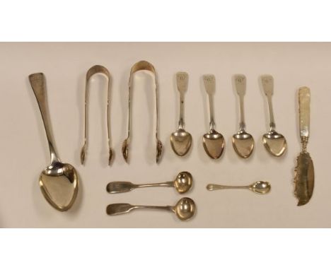 A PARCEL OF SILVER FLATWARE including four matching silver teaspoons, London 1832, a dessert spoon, London 1806, two pairs of