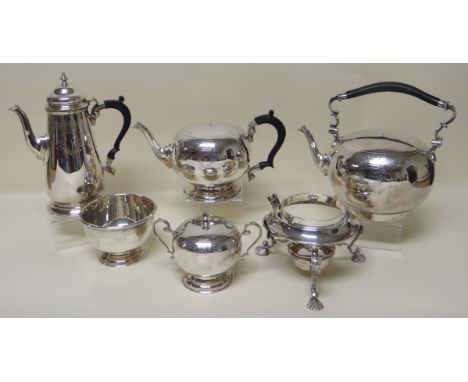 A FIVE PIECE SILVER TEASET comprising coffee-pot, tea-pot, spirit-kettle with stand, sugar-basin and sucrier, each item with 