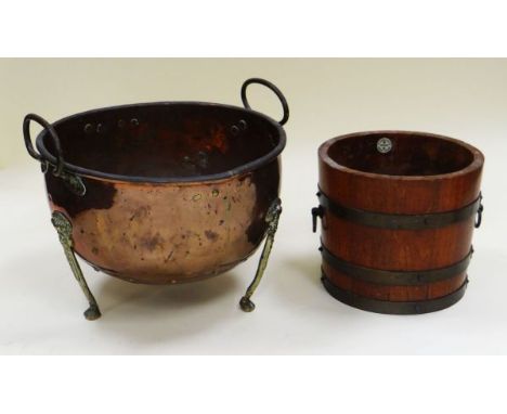 A SMALLER COPPER AND BRASS TWIN HANDLED COAL BOX and a wooden cooper's log bin with label for R A Lister & Co Ltd