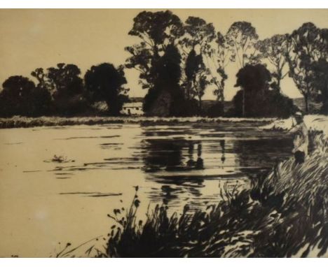 NORMAN WILKINSON etching - fisherman casting from lake edge with distant cottage, entitled verso 'Trout Fishing on the Test' 