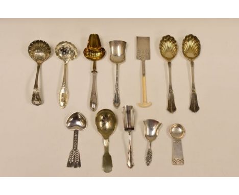 A PARCEL OF MIXED FLATWARE including cheese scoop in the form of a spade with ivory handle, Danish silver caddy-spoon, EPNS c