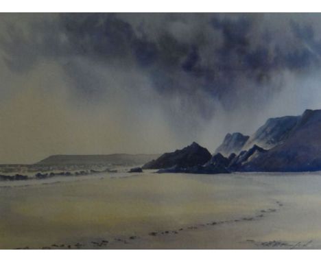 R M MUMFORD watercolour - beach with headland, signed, 30 x 41cms