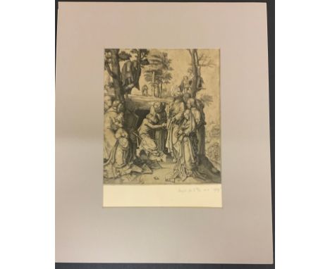 MOUNTED EARLY PRINT OF LUCAS VAN LEYDEN RAISING OF LAZARUS 
AS FOUND