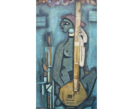 SUNIL MADHAV SEN (1910 - 1979)  Oil gravel and white cement on Masonite board  39.5 x 21.5 Inches  Circa 1950's  Sunil Madhav