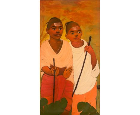 Ramesh Aundhkar  Oil on canvas  47 x 24 Inches  Signed Lower Left  Year - 2008(Indistinct)  Ramesh Aundhkar’s work is deeply 