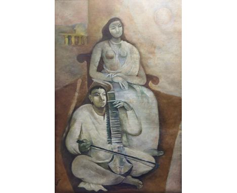 Bijan Choudhury (1931 - 2012)  Oil on Canvas  65 x 43 Inches  Signed Lower Left  "Bijon Chaudhury was a modernist painter ren