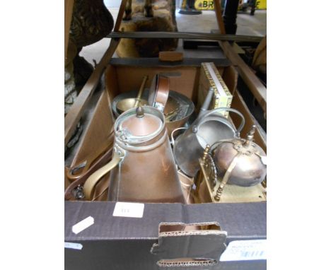 A box of assorted copper and brass to include electric lantern clock