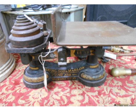A set of Young, Sons & Marlow kitchen scales and weights