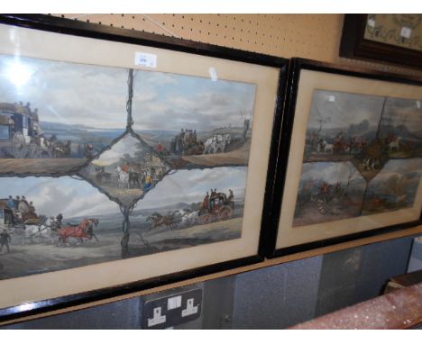 A pair of good quality Victorian chromolithographs of hunting and coaching scenes, in ebonised frames