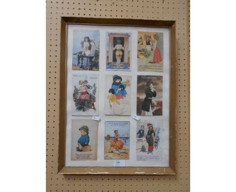 A framed selection of early figural postcards to include comical, sweetheart, portrait etc