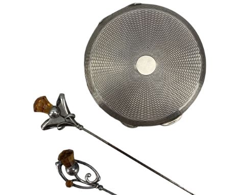 Charles Horner silver hatpin modelled as a thistle, another similar and an engine turned silver compact (3)