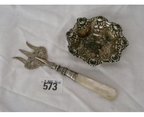 Bread fork with MOP handle Birm. 1903 by AJB also bonbon dish         