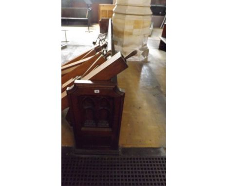 Late Victorian heavy oak pew with carved ends  with small piece cut out from hymn shelf at rear 11’6”  