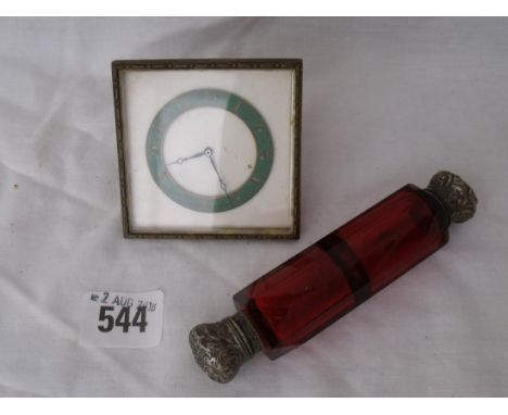 Metal bedside clock with green enamelled chapter ring  2.5” wide also scent bottle       