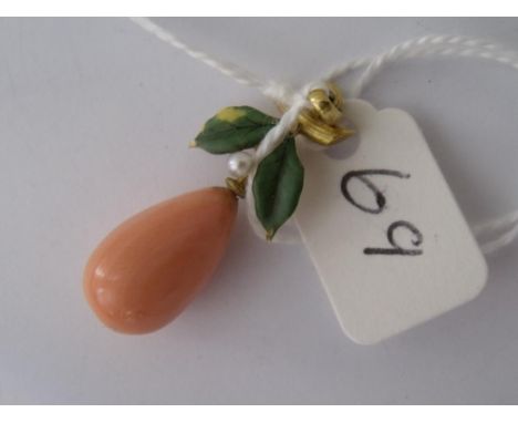 Vintage high carat gold Coral & enamel pendant in the form of a fruit set with a pearl     