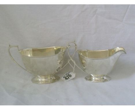 Art deco cream jug with matching sugar basin  on short pedestal foot 7” over handles  Sheffield 1947 by FC 350g        