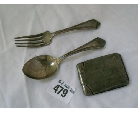 Book match holder engine turned sides 2.5” long also  christening spoon and fork 60g      