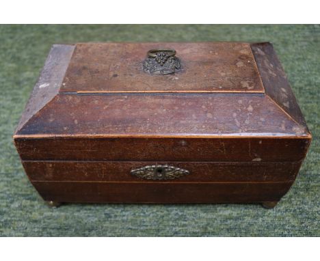 Georgian mahogany Tea Caddy with brass applied fittings supported on bun feet 