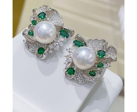 925 sterling silver new blue zirconium color zirconium earrings. 9-10mm natural freshwater Edison pearls, strong light, round