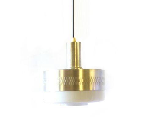 A squat ceiling light, the moulded glass shade within a pierced aluminium frame-work
