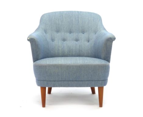 Carl Malmsten for O.H.Sjorgren, a 1950's blue button upholstered armchair 