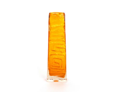 Geoffrey Baxter for Whitefriars, a textured range 'Totem' vase in tangerine orange, Whitefriars stick and pattern number 9671