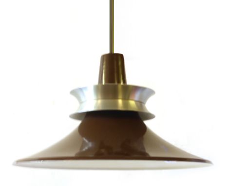 A 1970's aluminium and brown enamelled ceiling light of trumpet form