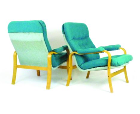 A pair of 1970's button upholstered and bentwood lounge armchairs