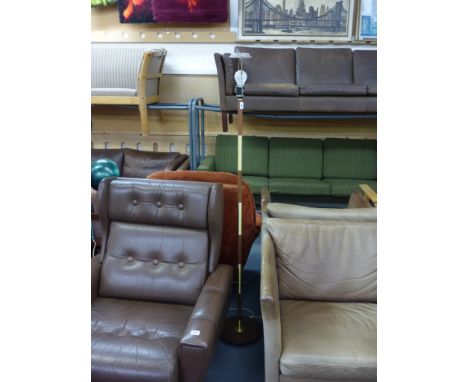 A 1970's teak and brass standard lamp   CONDITION REPORT:  Working order unknown. Lead cut. Typical dents, wear etc.