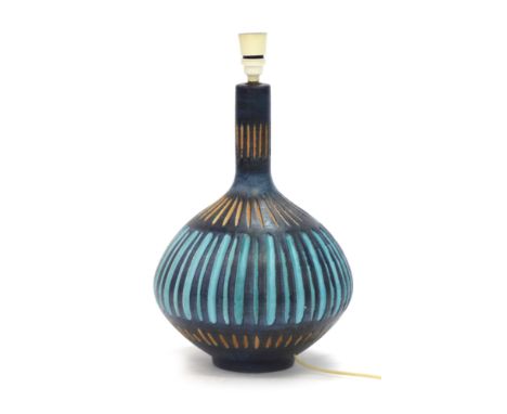 A Valiera pottery lamp base in turquoise with incised decoration, h. 45 cm   CONDITION REPORT:  Lead cut