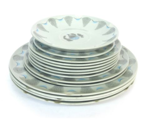 Eric Ravilious for Wedgwood, a group of fourteen 'Travel' pattern tablewares    CONDITION REPORT:  Four side plates (d. 18 cm