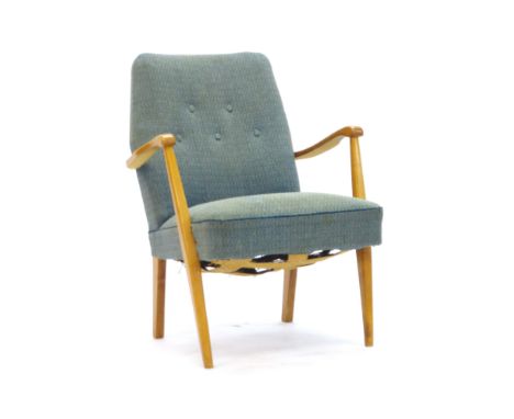 A 1950's beech and button upholstered cocktail armchair on tapering legs   CONDITION REPORT:  Structurally sound, may require