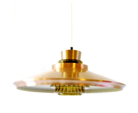 A 1970's ceiling light with a copper coloured external shade and a moulded glass interior shade   CONDITION REPORT:  Working 