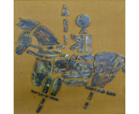 A 1970's ceramic on panel depiction of a horseman together with two 1970's wall mirrors