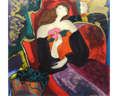 Linda Le Kinff,a study of a seated woman holding a flower,signed in pencil and numbered 219/350,limited edition silkscreen pr
