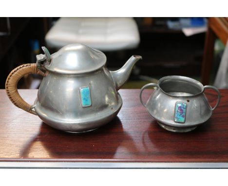 William Hutton &amp; Sons Pewter 2 Piece Tea set with applied ceramic cabochons and caned handle 
