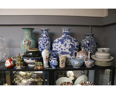 Collection of 19thC and later Chinese &amp; Japanese Pottery and Porcelain to include Moon flask, Pagoda models etc 