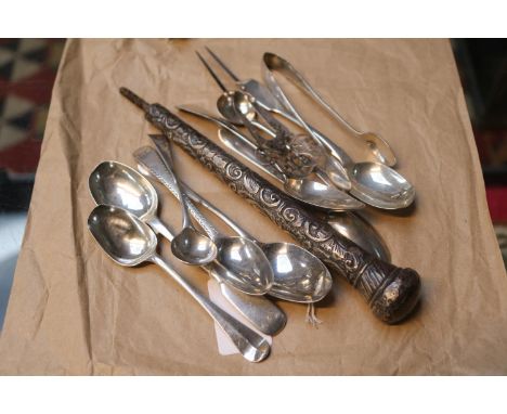 Collection of assorted Silver flatware and a Silver embossed walking stick handle 150g total weight 