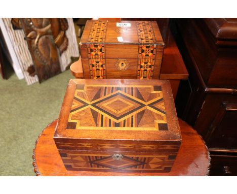 Tunbridge ware jewellery box and a Parquetry stationary box 